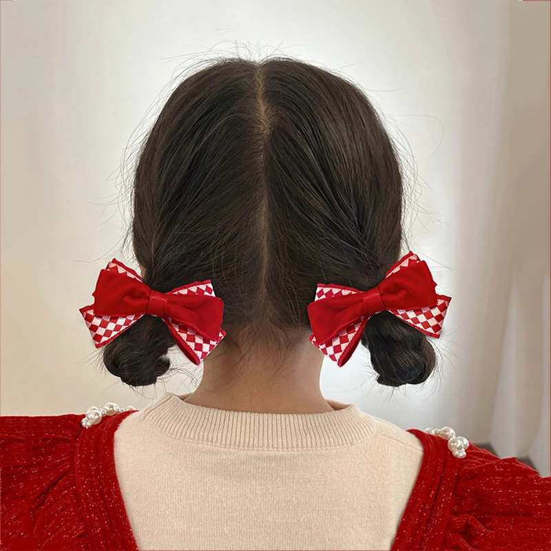 Сладка червена клетчатая шнола за коса с лък, лента, въже за коса, коледни щипки за момичета, коледни аксесоари за коса 2024 г.