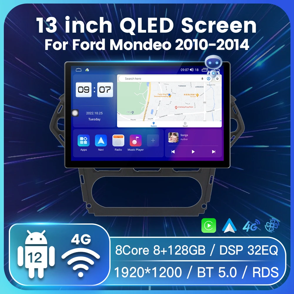 13-инчов QLED-екран система Android 12.0, автомагнитола, стереоприемник за Ford Mondeo 4 mk4 2010-2014, всички в един разделен екран
