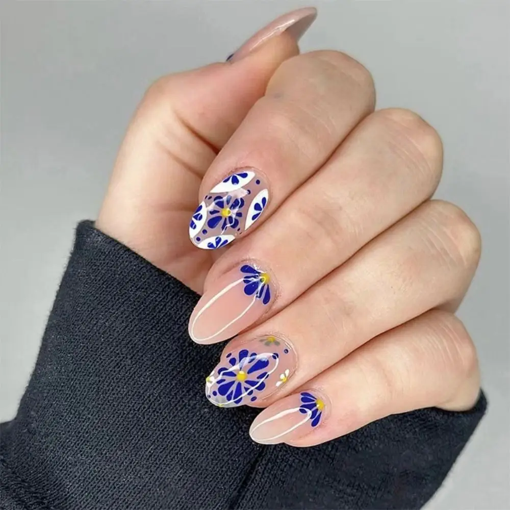 Дълги овални режийни ноктите, Модни сини цветя, лилави пеперуди, френски режийни ноктите с пълно покритие за 