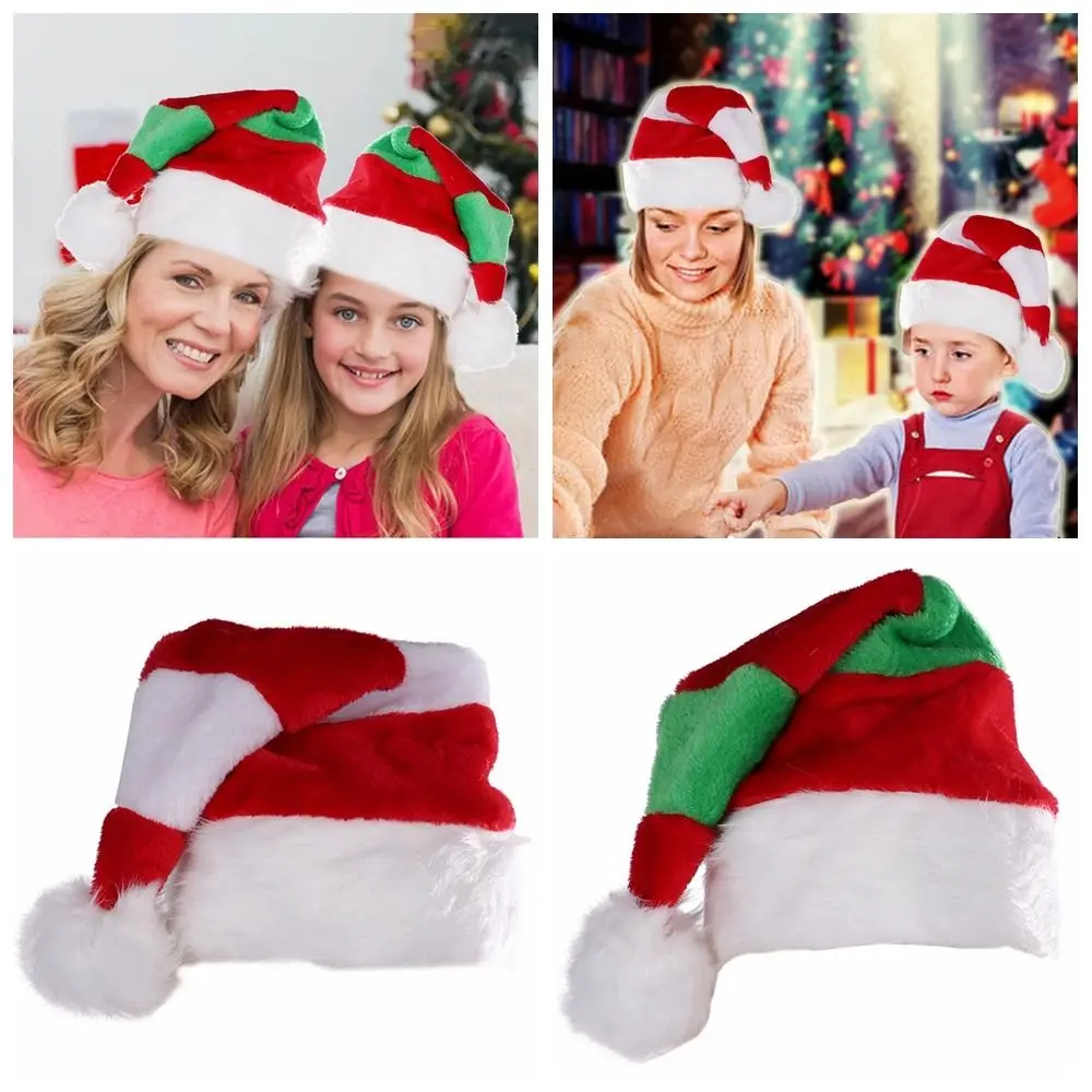 Класическа Коледна плюшен шапка с червена, бяла и зелена ивица, празнични аксесоари, Шапка на дядо коледа, сувенири за фестивала на cosplay, Коледна шапка-маскарад.